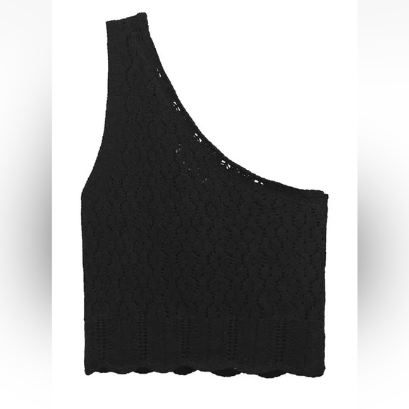 Zara Asymmetric Pointelle Knit Crop Top Black One Shoulder Wide Strap Women LG - Picture 3 of 3